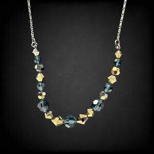 Vintage Swan Signed Swarovski Crystal Necklace Beaded Blue Amber Minimal Gift